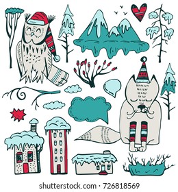 Christmas and New year theme. Hand drawn vector collection of animals, winter doodle elements. Cartoon design for holiday postcards, greeting cards, prints, t-shirt.