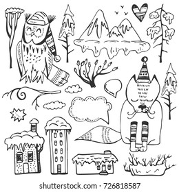 Christmas and New year theme. Hand drawn vector collection of animals, winter doodle elements. Cartoon design for holiday postcards, greeting cards, prints, t-shirt.