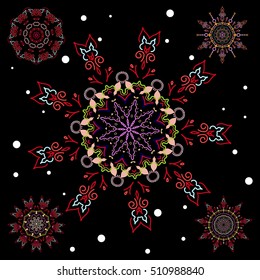 Christmas and New Year theme. Happy smiling blue and red snowflakes set. Decorated with circles and dots. Vector winter design on black background.