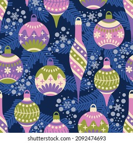 El tema de Navidad y Año Nuevo es un patrón sin fisuras. Estilo retro a la moda. juguetes de Navidad, copos de nieve, ramas de abetos.