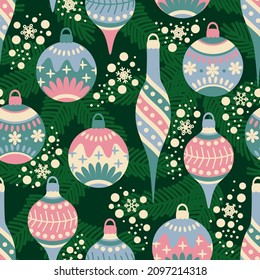 Christmas and New Year theme seamless pattern. Trendy retro style. Christmas toys, snowflakes, fir tree branches.