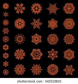 Christmas and New Year theme. Snowflakes decorated with circles and dots. Happy smiling orange snowflakes set. Vector winter design on black background.