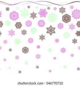 Christmas and New Year theme. Snowflakes decorated with circles and dots. Vector winter design on white background. Happy smiling violet, green and brown snowflakes seamless pattern.