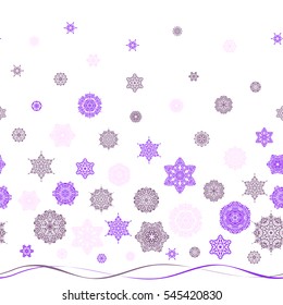 Christmas and New Year theme. Vector winter design on white background. Happy smiling violet and purple snowflakes seamless pattern. Snowflakes decorated with circles and dots.
