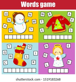 Christmas and New Year theme word game for kids and toddlers. Educational children game. Learn English vocabulary