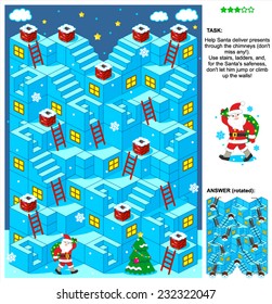 Christmas or New Year themed 3d maze game with stairs, ladders and Santa delivering presents through the chimneys. Answer included. 