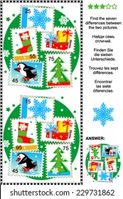 Christmas or New Year themed picture puzzle: Find the seven differences between the two pictures (plus same task text in Russian, German, French and Spanish) of postage stamps. Answer included. 