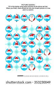 Christmas or New Year themed picture sudoku puzzle 6x6 (one block) with bare head Santa Claus and his red caps. Answer included.

