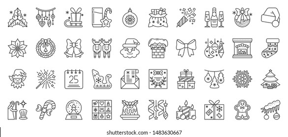 Christmas and New year thin line icon big set. Xmas collection of simple outline signs. Winter season symbol in linear style. Black contour flat icons design. Isolated concept vector Illustration