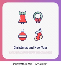 Christmas and New Year thin line decoration: bell, decorative ball, sock, garland  for web page, banner, invitation, greeting card, print media. Vector illustration.