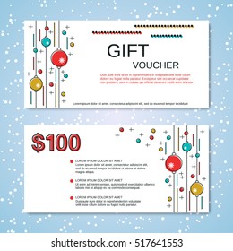 Christmas and New Year thin line art style gift voucher vector template