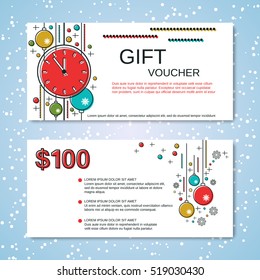 Christmas and New Year thin line art style gift voucher vector template
