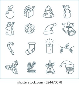 Christmas and New Year thin line flat design vector icon set. Christmas tree, snowflakes, Jingle Bells, candle, Santa, gift box and holly design elements decoration.