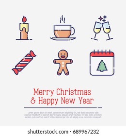 Christmas and New Year thin line symbols: candle, hot drink, glasses of champagne, candy, gingerbread, calendar for web page, banner, invitation, greeting card, print media. Vector illustration.