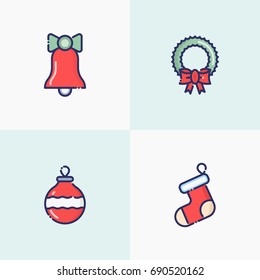 Christmas and New Year thin line decoration: bell, decorative ball, sock, garland  for web page, banner, invitation, greeting card, print media. Vector illustration.