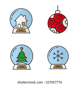 Christmas and New Year toys color icons set. Xmas tree ball, snow globes with house, fir tree and snowflake inside. Isolated vector illustrations