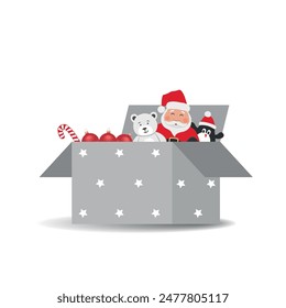 Christmas and New Year toys in gray cardboard box with white stars. Santa Claus, Christmas red balls, Teddy bear, Penguin. Ornaments. Vector illustration on white