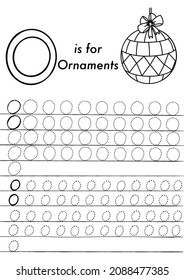 Christmas and New Year tracing worksheet for preschooler kids. Simple educational printable game. English ABC letters training and colouring page. Children learning activity for print