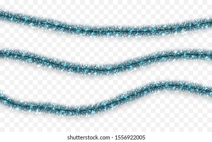 Christmas Or New Year Traditional Decorations. Hanging Glitter Xmas Tinsel Garland. Decor Element. Vector Illustration.