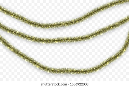 Christmas or New Year traditional decorations. Hanging glitter Xmas tinsel garland. Decor element. Vector illustration.