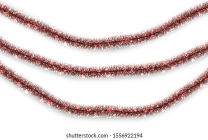 Christmas or New Year traditional decorations. Hanging glitter Xmas tinsel garland. Decor element. Vector illustration.