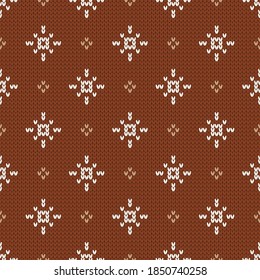 Christmas and New Year traditional knitted seamless pattern. Norwegian style sweater. Wool texture. Vector illustration with snowflakes. Holiday background.