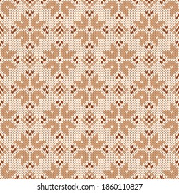 Christmas and New Year traditional knitted seamless pattern. Norwegian style sweater. Wool texture. Vector illustration with snowflakes. Holiday background.
