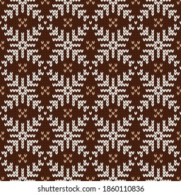 Christmas and New Year traditional knitted seamless pattern. Norwegian style sweater. Wool texture. Vector illustration with snowflakes. Holiday background.