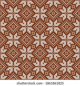 Christmas and New Year traditional knitted seamless pattern. Norwegian style sweater. Wool texture. Vector illustration with snowflakes. Holiday background.