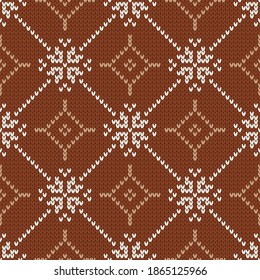 Christmas and New Year traditional knitted seamless pattern. Norwegian style sweater. Wool texture. Vector illustration with snowflakes. Holiday background.