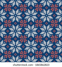 Christmas and New Year traditional knitted seamless pattern with snowflakes. Norwegian style sweater. Wool texture. Vector illustration. Holiday background.