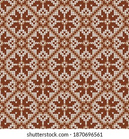 Christmas and New Year traditional knitted seamless pattern. Norwegian style sweater. Wool texture. Vector illustration with snowflakes. Holiday background.
