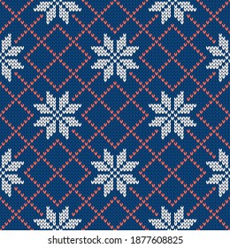 Christmas and New Year traditional knitted seamless pattern with snowflakes. Norwegian style sweater. Wool pattern. Vector illustration. Holiday background.