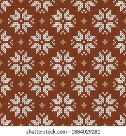 Christmas and New Year traditional knitted seamless pattern. Norwegian style sweater. Wool texture. Vector illustration with snowflakes. Holiday background.
