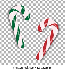 Christmas or New Year transparent background with red and green caramel cane.  Template, banner, flyer, cover, greeting card. EPS10.