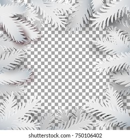 Christmas and New Year transparent background with white paper fir tree branches. Holiday decoration, Vector illustration. Card, poster, web banner. Retro styled material designed applique