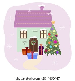 Navidad, árbol de Año Nuevo, cajas con regalos en una casa linda y festiva.