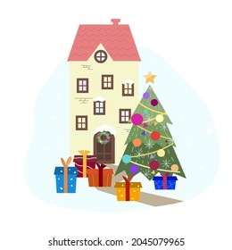 Navidad, árbol de Año Nuevo, cajas con regalos en una casa linda y festiva.