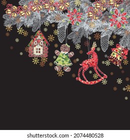 Ramas de árboles de Año Nuevo de Navidad decoradas con un ciervo, una niña de pan de jengibre, flores y campanas de jingle con colores negros, rojos, dorados y verdes en estilo geométrico cúbico para usar para una tarjeta o fondo