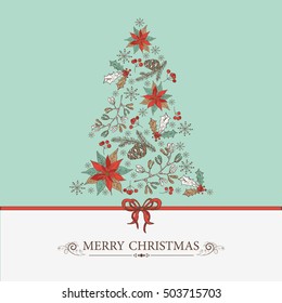 Christmas and New Year tree with cones and mistletoe. hand drawn