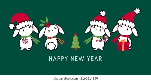 Christmas or New year tree. Cute rabbit, bunny. 2023 Winter background with rabbit horoscope sign. Chinese year of rabbit 2023. Happy New Year. Concept art of symbol Chinese new year