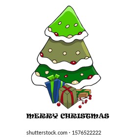 Christmas and New Year tree with christmas decorations and gift boxes. Vector illustration. Greeting card.
