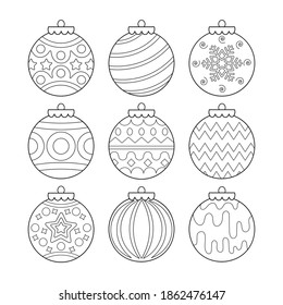 Christmas and New Year tree decorations, ornaments, set of balls coloring page black and white isolated on white background.