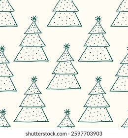 Christmas and New Year tree doodle hand drawn line art vector illustration seamless holiday pattern.