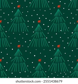 Christmas and New Year tree hand drawn doodle vector seamless pattern.