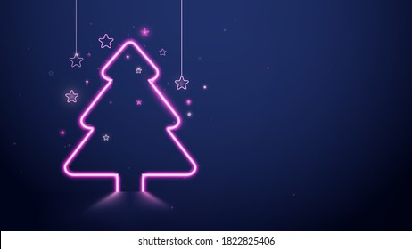 Christmas and New Year. Christmas tree pink neon light and stars on dark blue background. Vector illustration