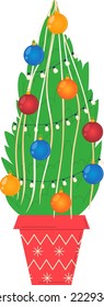 Ilustración vectorial de la olla roja del árbol de Año Nuevo de Navidad aislada en blanco, iconos de navidad con adorno de árbol al aire libre celebración de fiestas de invierno