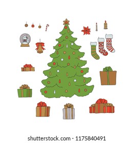 Christmas new year tree set gift socks and box with ribbons. Vector holiday symbols greeting lettering and isolated decorations for design card and packaging.