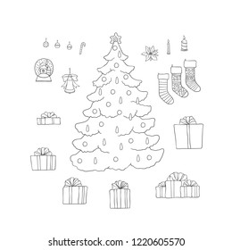 Christmas new year tree set gift socks and box with ribbons. Vector black sketch line holiday symbols greeting lettering and isolated decorations for design card and packaging.