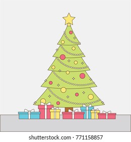 Christmas (New Year) Tree with a Star, Beads, Toys and Colorful Gift Boxes Cartoon Outline Style Vector Illustration
